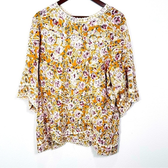 Solitaire Golden Boho Embroidered Floral 3/4 Sleeve Tunic Blouse Women's Size XL - Picture 1 of 8